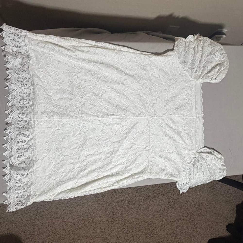 White Floral Lace Puff Sleeve Dress Square Neck Scalloped Hem Size 5XL